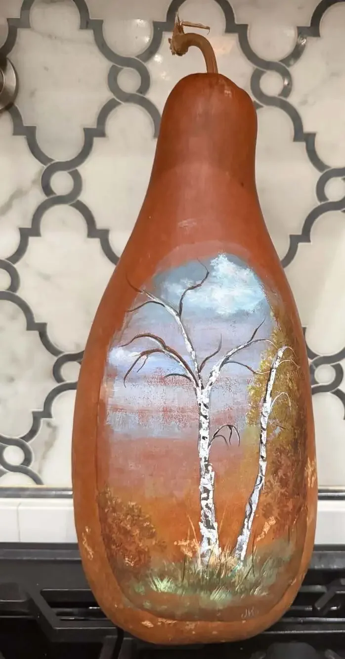 Hand Painted Birch Tree Folk Art Gourd Vase Signed JKo